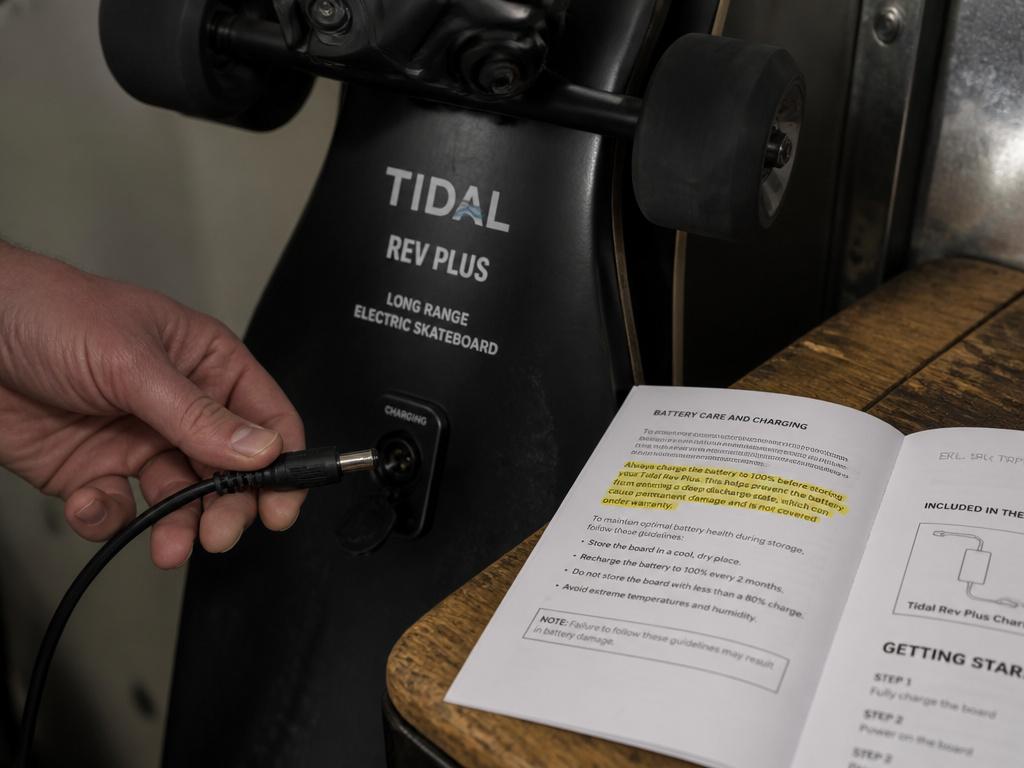 Retrospec Tidal Rev Plus longboard charging port and manual during storage