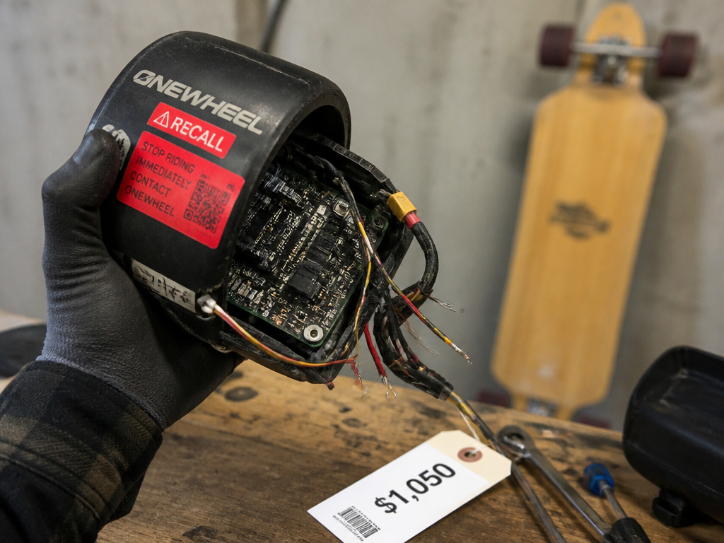 Disassembled electric skateboard motor next to a traditional longboard deck, highlighting cost and safety differences.