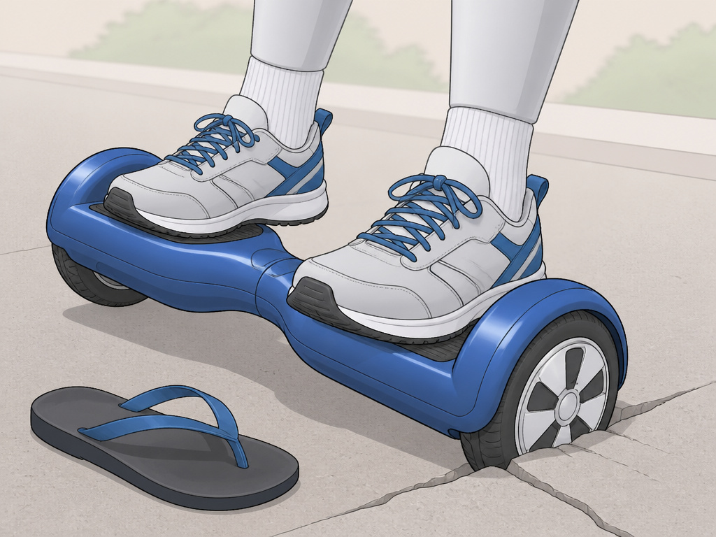 Essential hoverboard safety gear showing proper footwear versus unsafe flip-flops