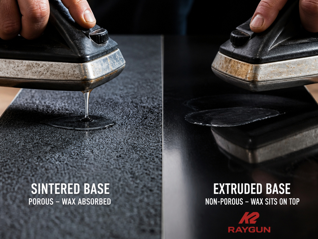 Close-up comparison of sintered vs extruded snowboard base wax absorption