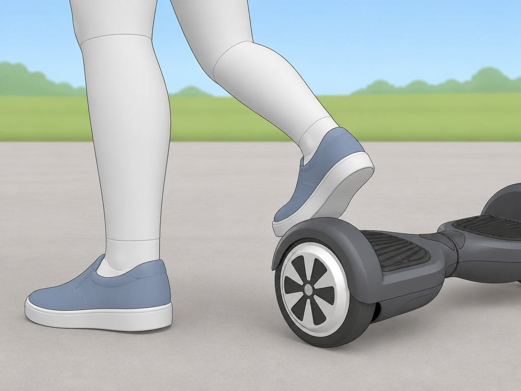 Cartoon of safe hoverboard dismount technique on open pavement.