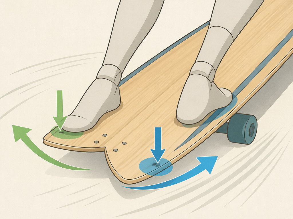 Diagram of a fishtail longboard shape demonstrating carving leverage points.