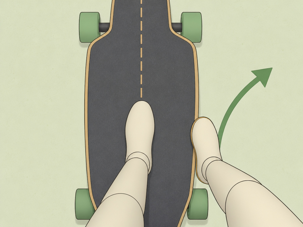 Longboard cross step foot placement diagram comparing centered versus rail-bias positions.