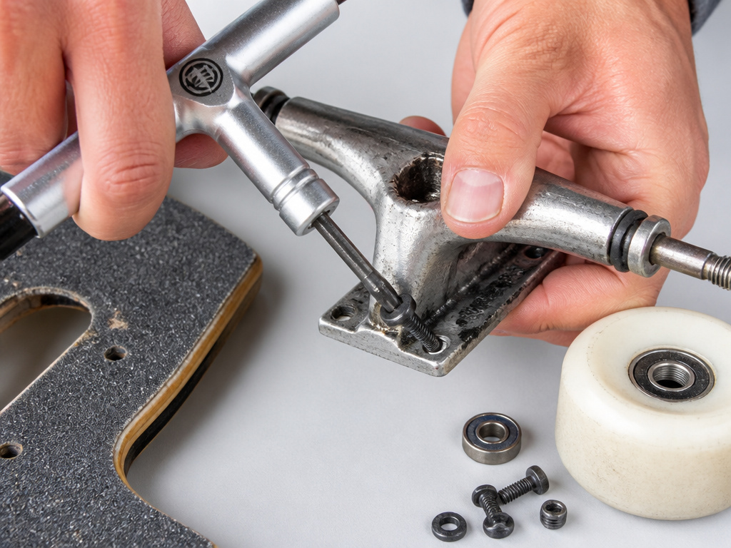 Close-up of disassembling longboard trucks with a skate tool for cleaning.