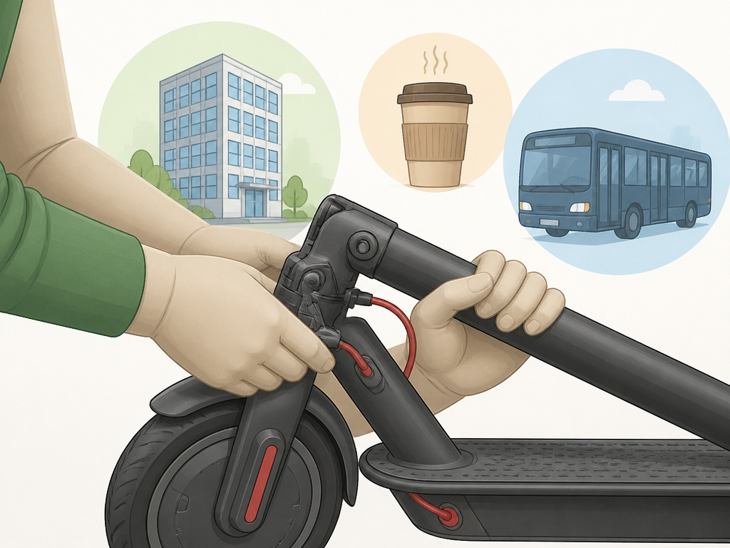 Cartoon of a folded electric scooter with icons for office, cafe, and transit