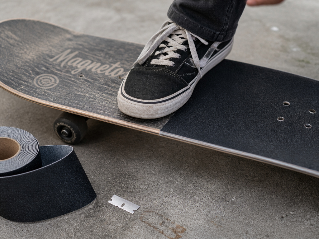 Close-up comparing Magneto skateboard's spray-on grit to added grip tape