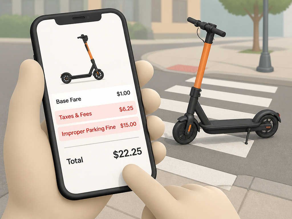 Hidden costs on a Spin scooter app receipt showing added fees and fines.
