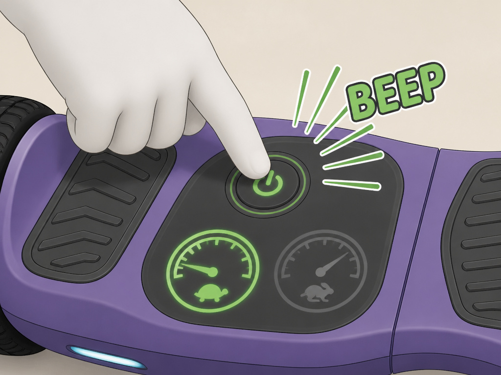 Close-up of a hand switching a hoverboard into beginner mode with a confirming beep.