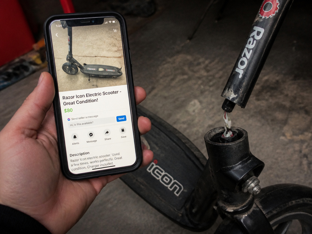 Recalled Razor Icon scooter with broken frame next to suspicious online sale listing