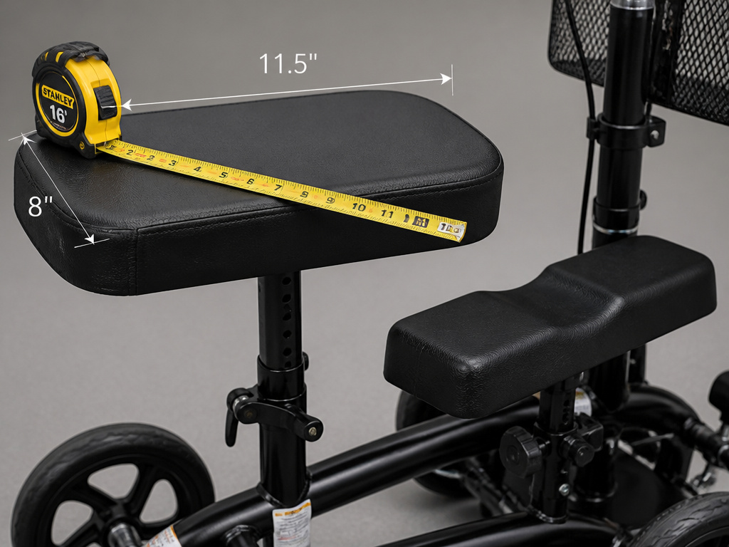 Close-up of a seated knee scooter's adjustable padded seat and knee rest.
