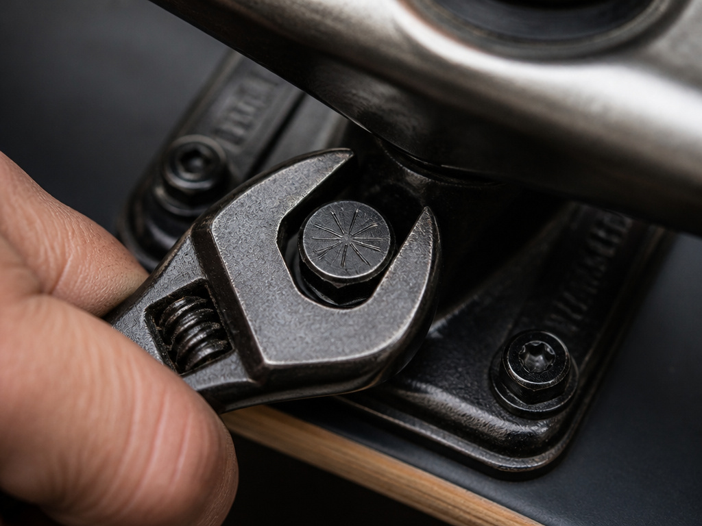 Close-up of a Grade 8 steel kingpin bolt head on a skateboard truck.