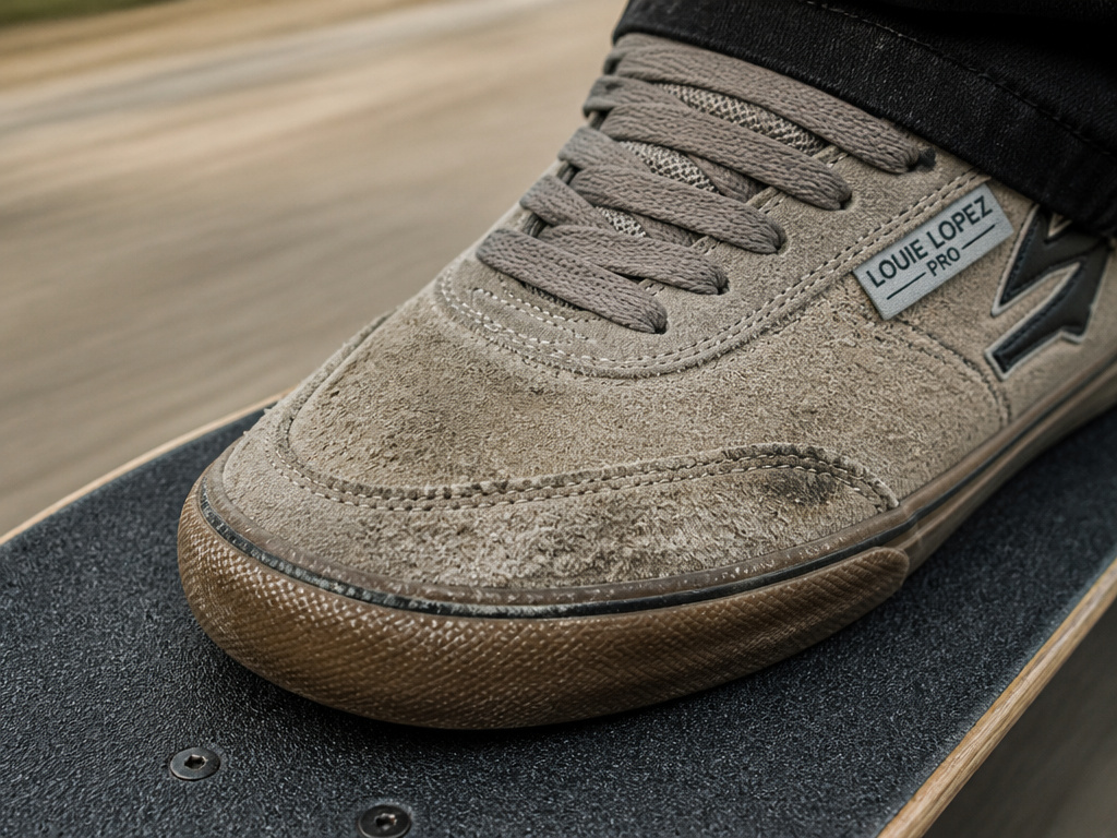 Close-up of worn Converse Louie Lopez Pro shoe on skateboard grip tape