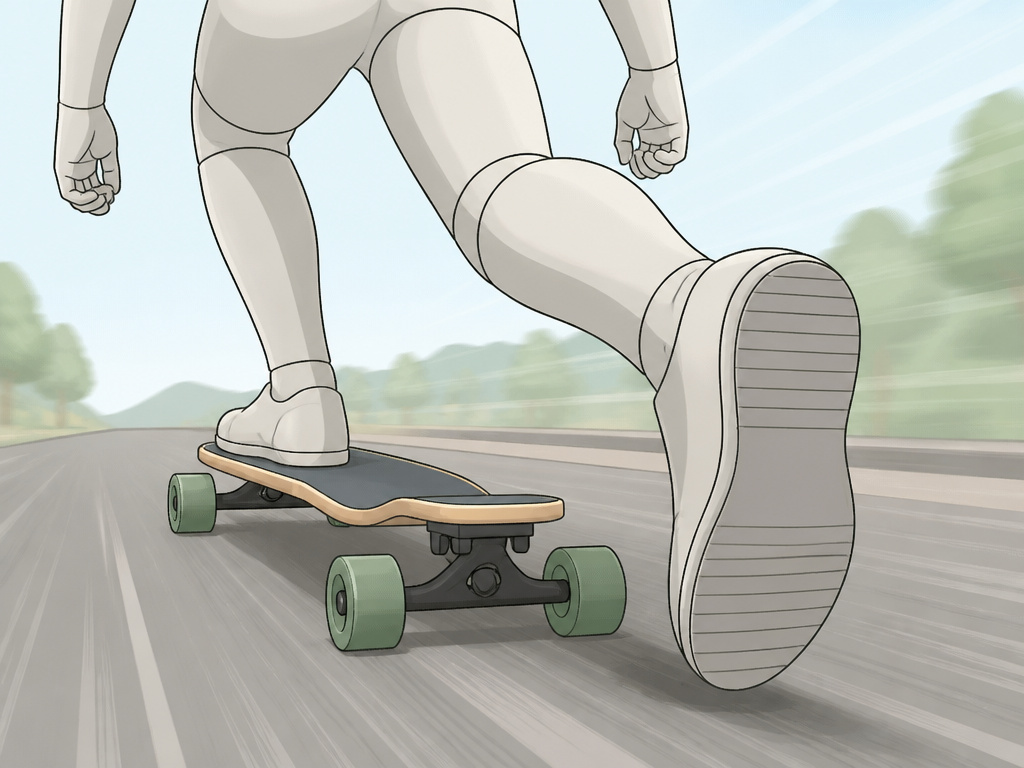 Person pushing a drop-down longboard from a rear-view perspective.