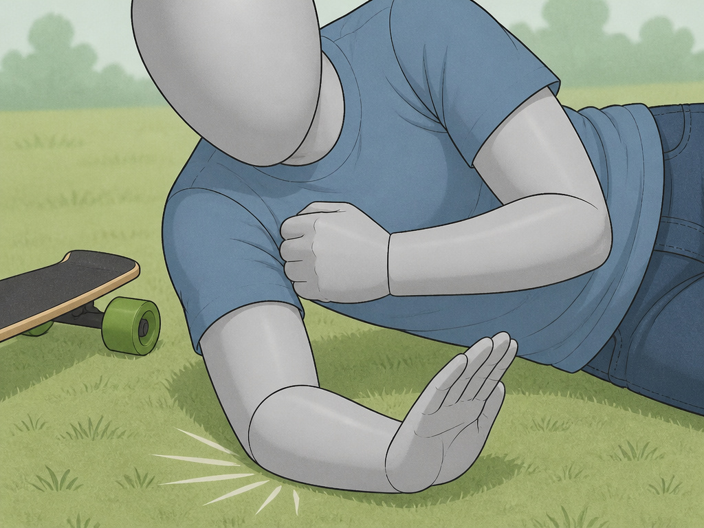 Cartoon demonstrating the forearm slap falling technique on grass for longboard safety.