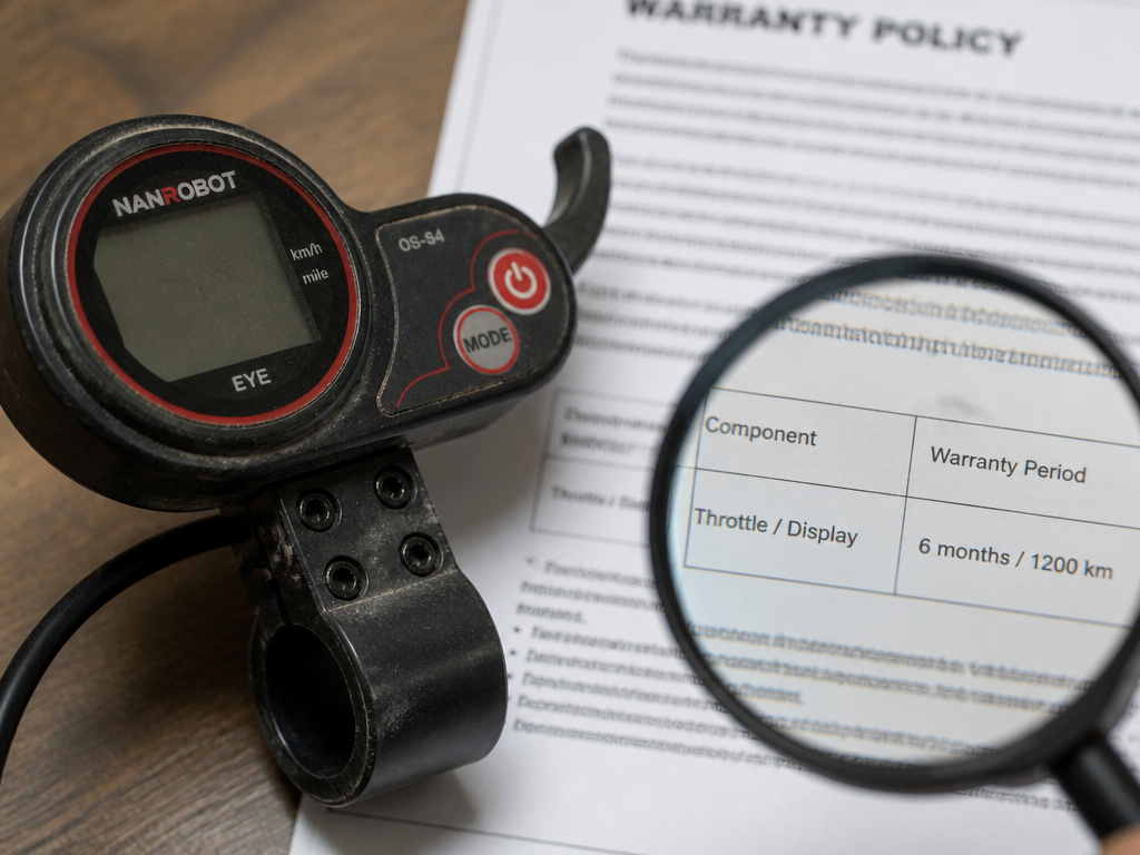 Close-up of Nanrobot scooter warranty document highlighting short coverage periods.