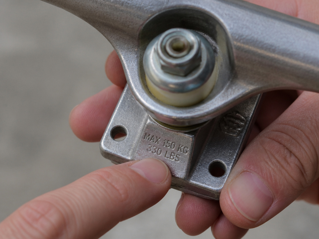 Close-up of a skateboard truck's engraved weight limit label being pointed at.