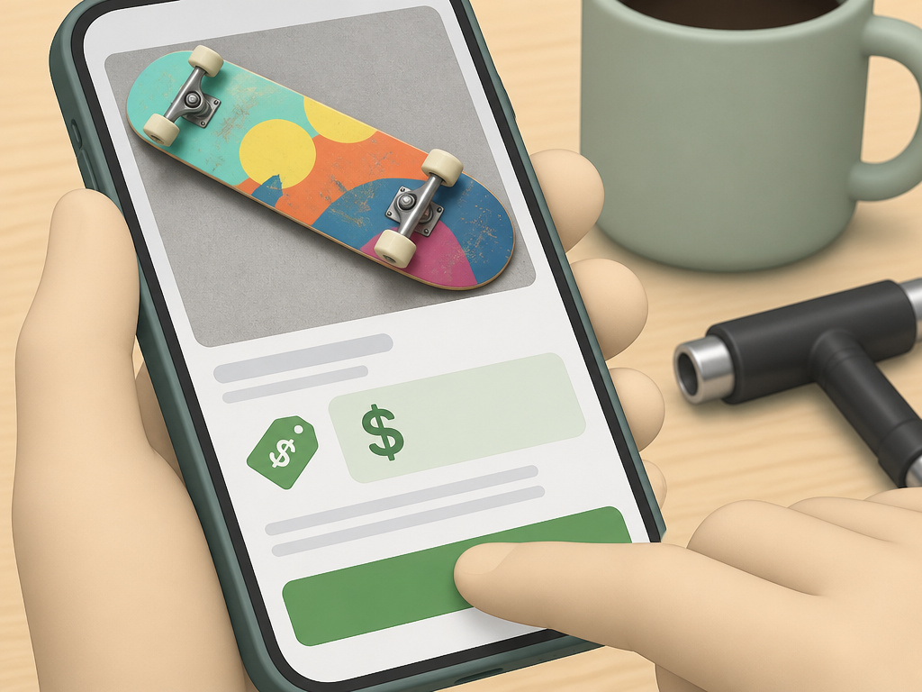 Person creating a public marketplace listing to sell a used skateboard online.