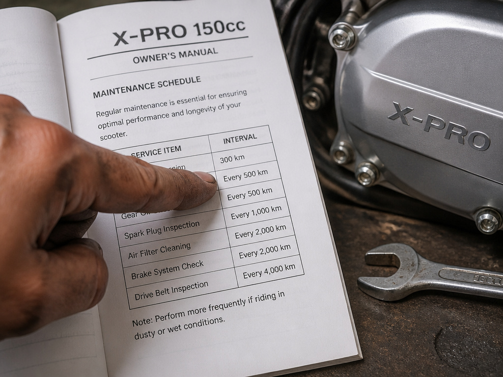 X-PRO 150cc scooter manual open to the 300 km inspection requirement.