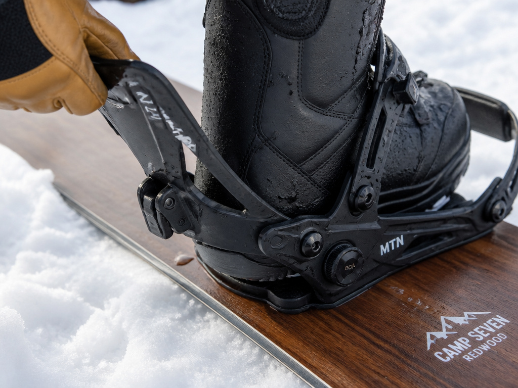 Camp Seven Redwood snowboard package with rear-entry MTN bindings close-up.