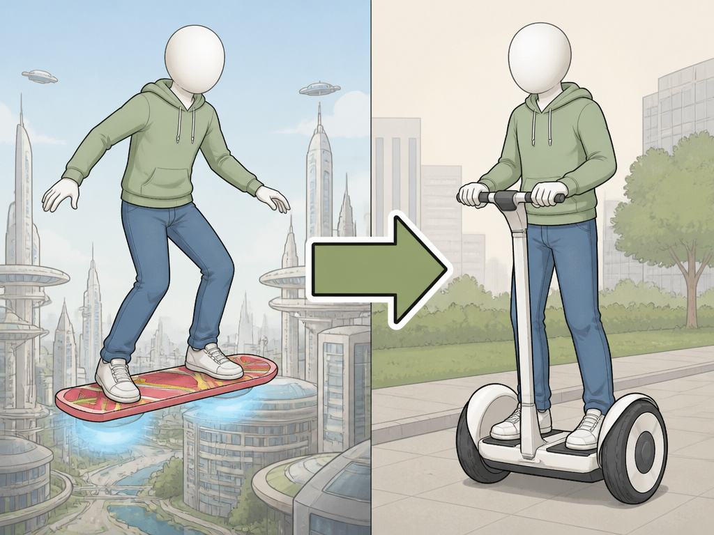 Cartoon comparing fictional movie hoverboard to real modern self-balancing scooter.