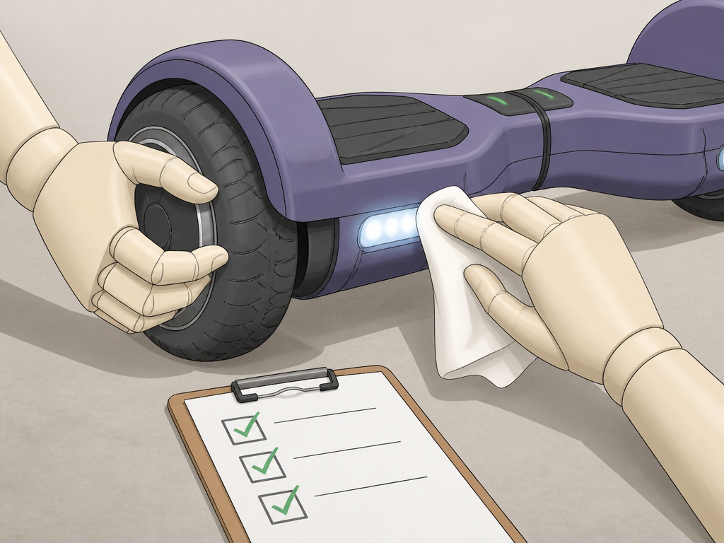 Weekly hoverboard safety check inspecting tire pressure and cleaning lights.