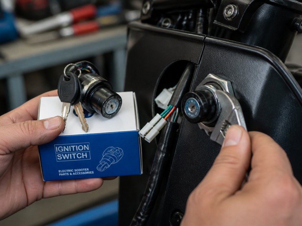 Close-up of replacing an electric scooter ignition switch with a new unit and key.