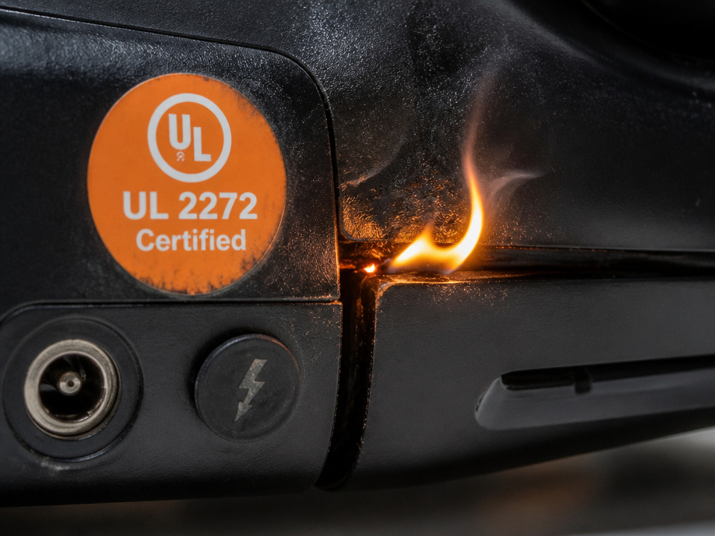 UL 2272 certified hoverboard with a fire hazard from its battery.