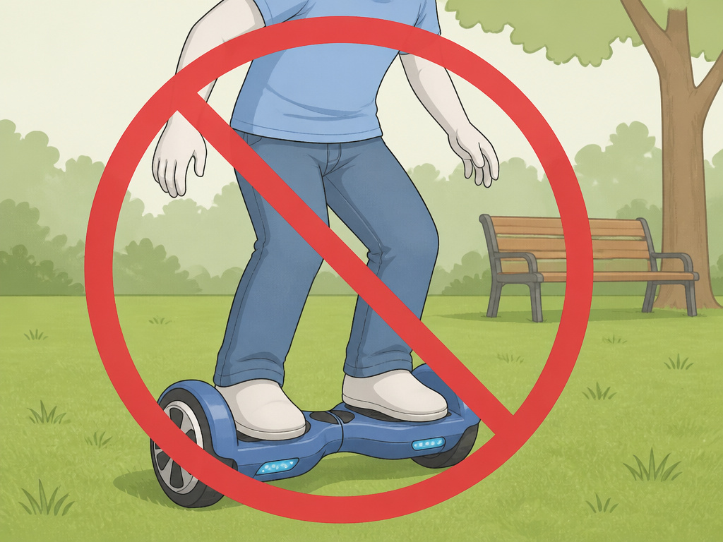 Hoverboard rider in a park with a large no-entry symbol overlaid.