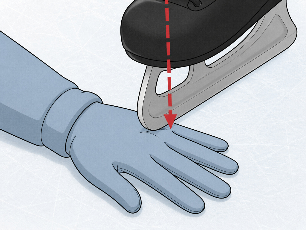 Ice skate blade about to run over a fallen skater's hand on the ice.