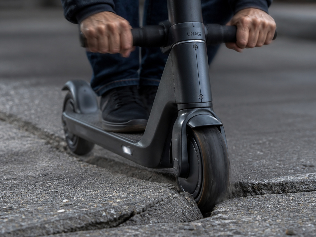 Unagi scooter solid tire hitting pavement crack, showing harsh ride vibration.