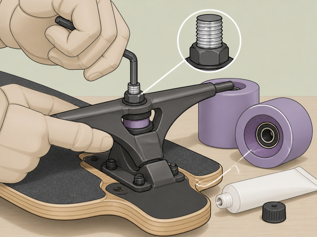 Beginner longboard setup diagram showing truck adjustment, wheels, and bearing maintenance.
