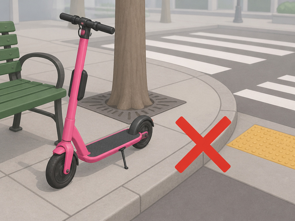 Proper Lyft scooter parking in legal sidewalk zone with kickstand.