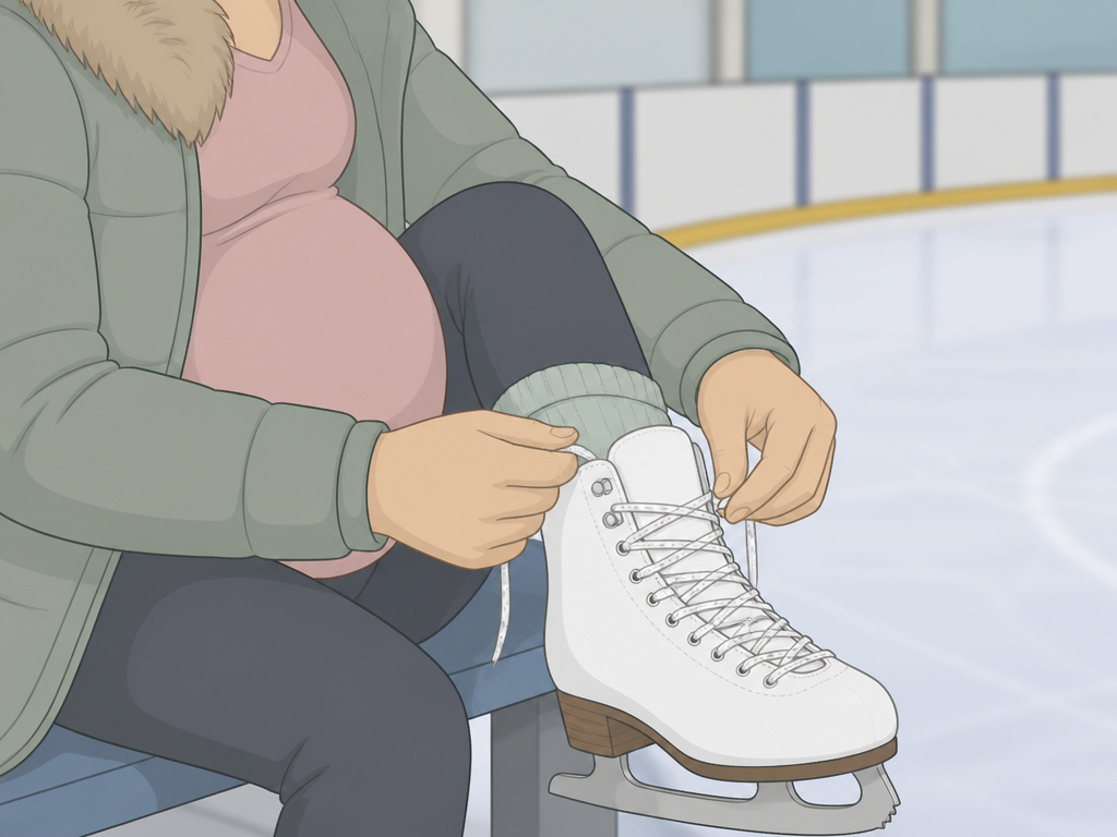 Pregnant woman lacing ice skates with caution near a rink.