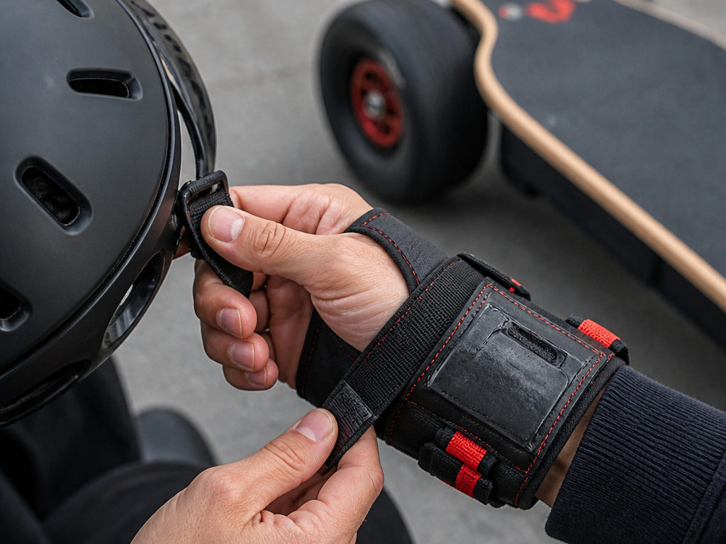 Close-up of hands securing helmet and wrist guards for electric skateboard safety.