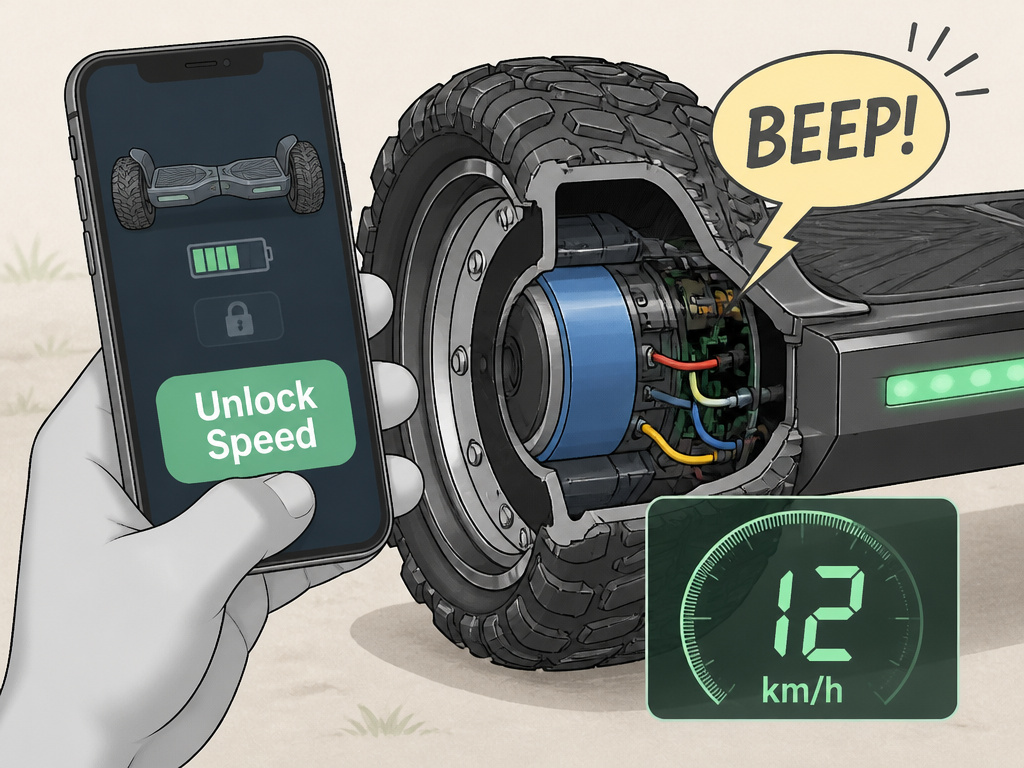 Off-road hoverboard safety systems: app speed lock and audible beep warning.