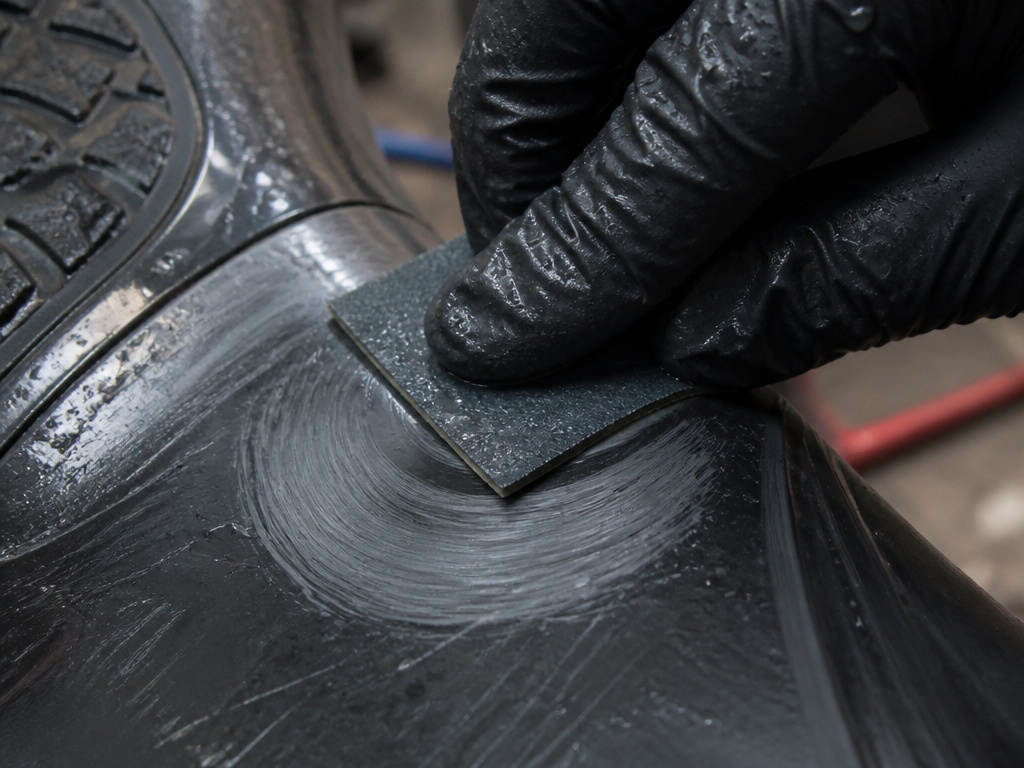 Close-up of wet sanding a deep scratch on a hoverboard deck.