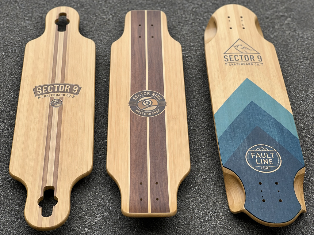 Sector 9 Seeker, Sprocket, and Fault Line Curl longboard deck comparison from above.