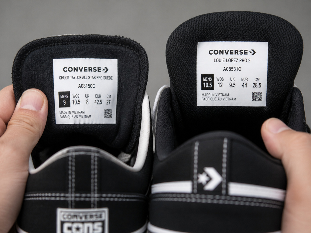 Two different Converse skate shoes with mismatched size tags for comparison.
