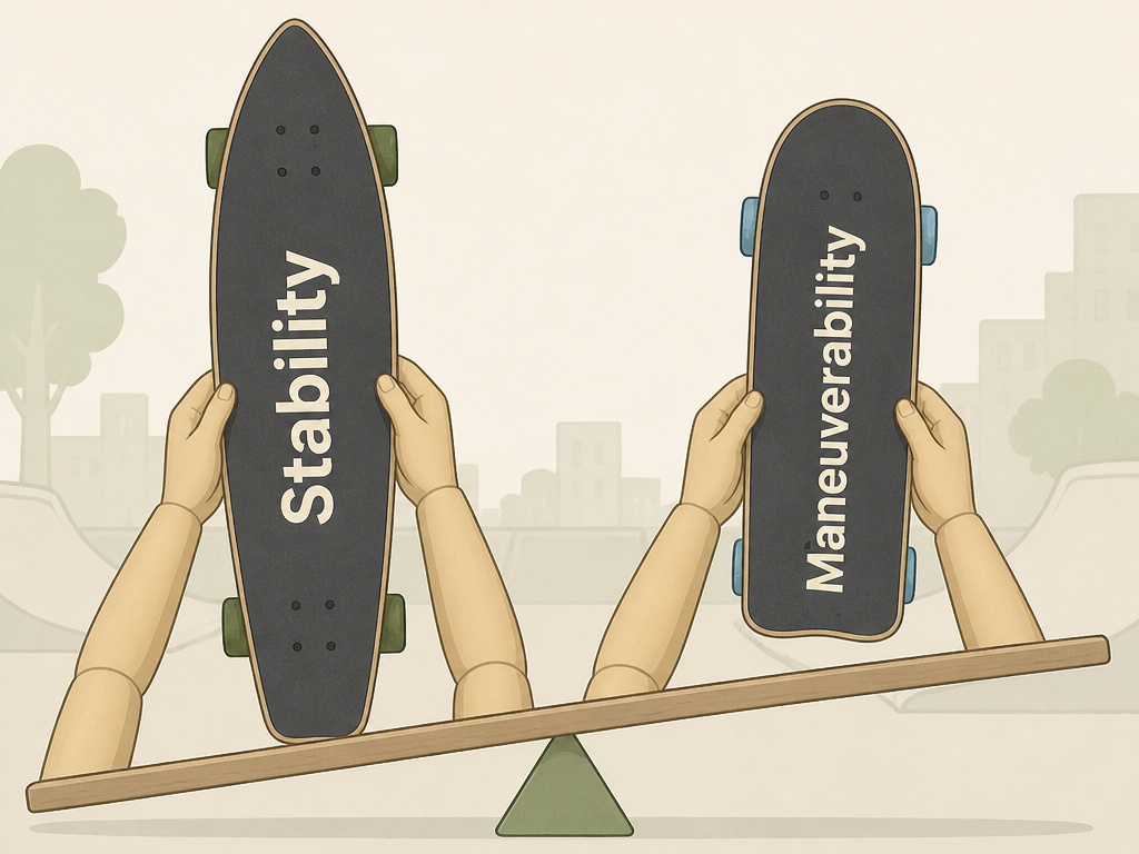 Pintail vs kicktail skateboard decks on a seesaw illustrating stability versus maneuverability trade-off.