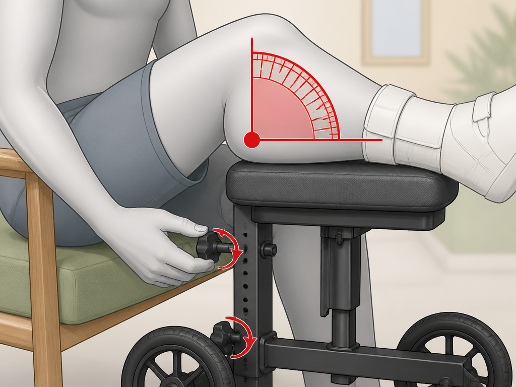 Correct 90-degree knee bend adjustment on a medical knee scooter diagram.