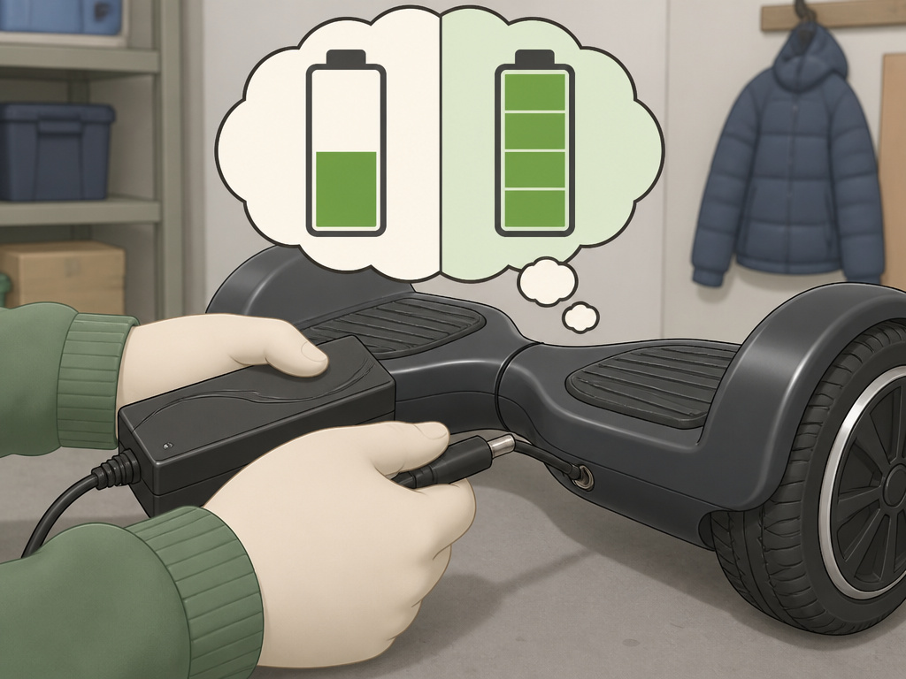 Cartoon of hoverboard charging dilemma for long-term storage at 50% or 100%