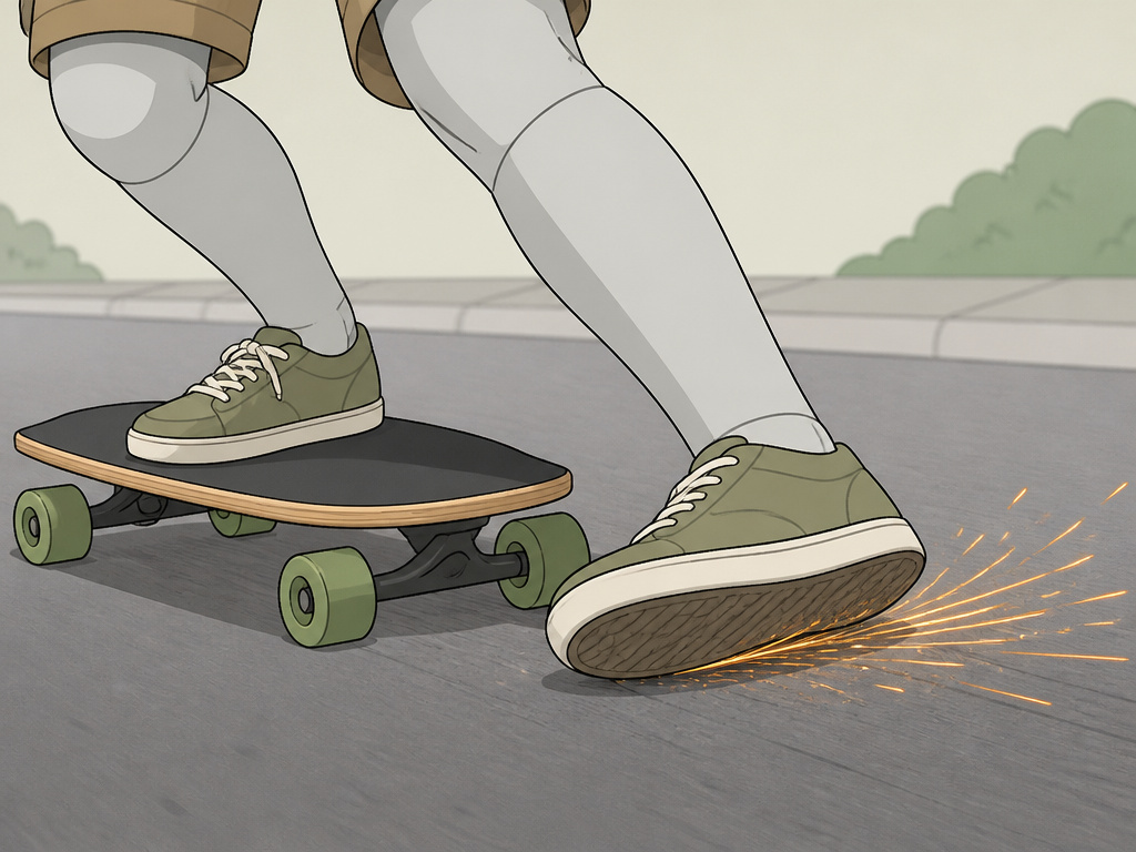 Close-up of a longboard foot braking technique on asphalt street
