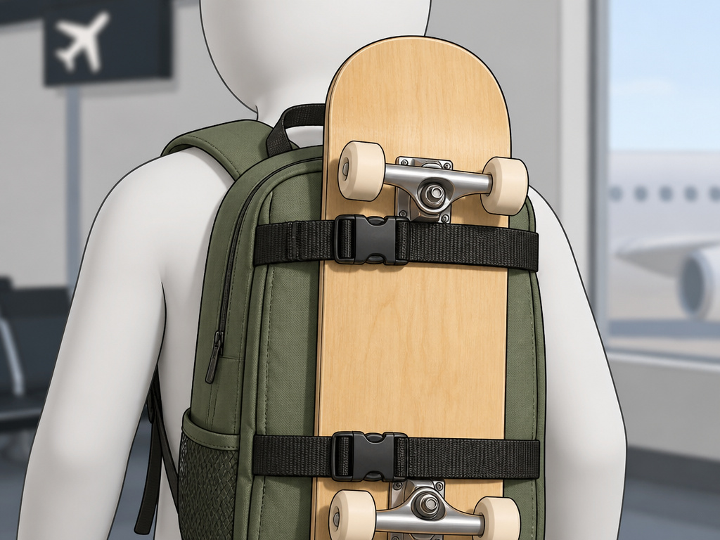 Skateboard strapped to a backpack for carry-on air travel method