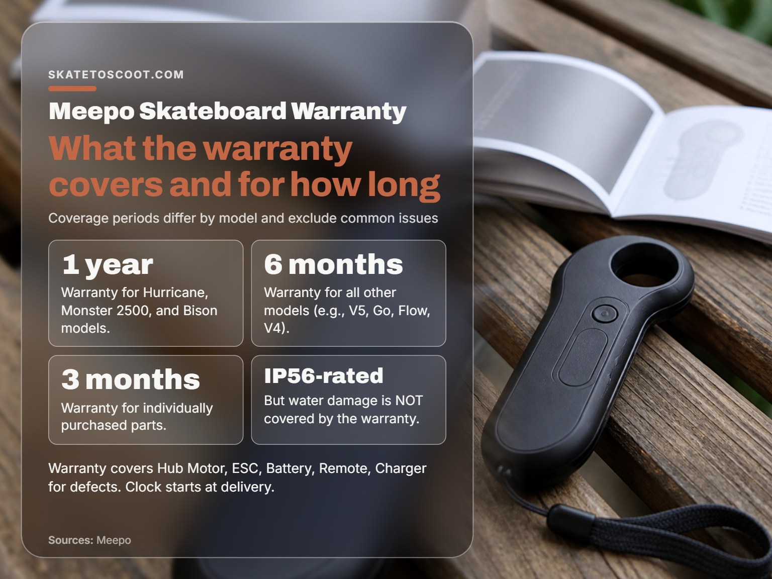 Infographic detailing Meepo electric skateboard warranty coverage periods and exclusions.