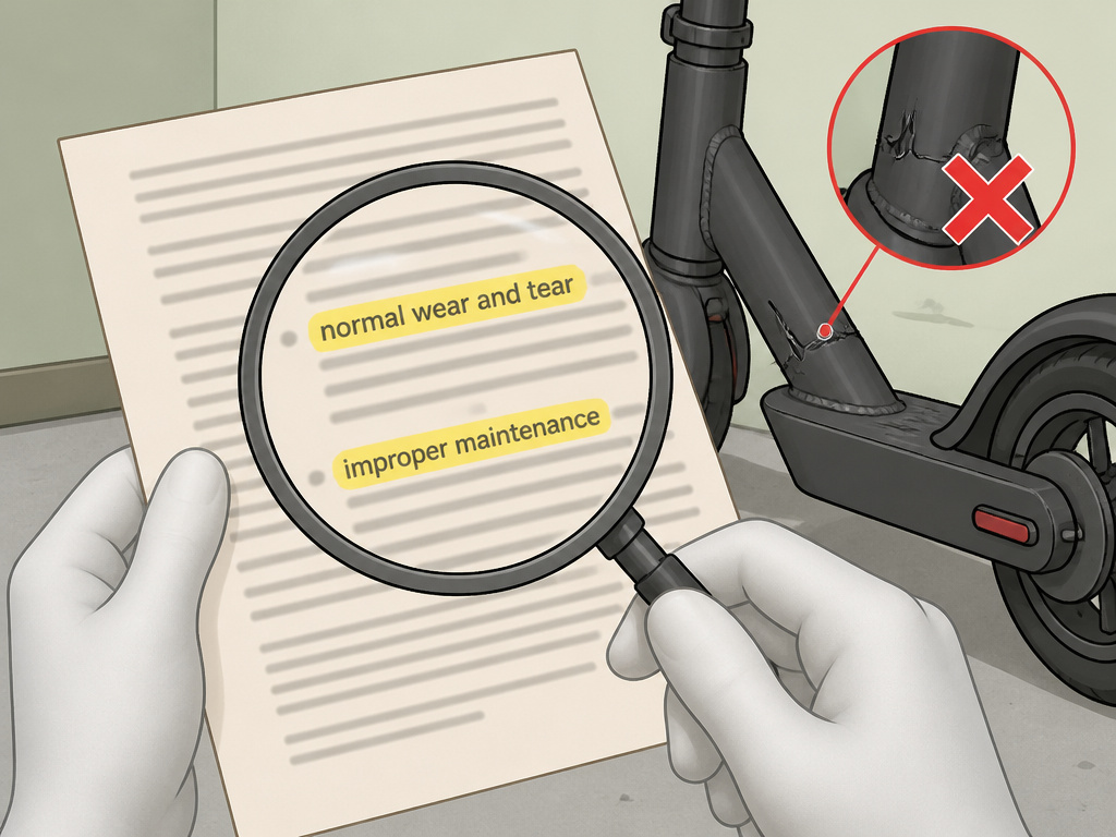 Close-up of magnifying glass highlighting exclusions in Volpam scooter warranty document.