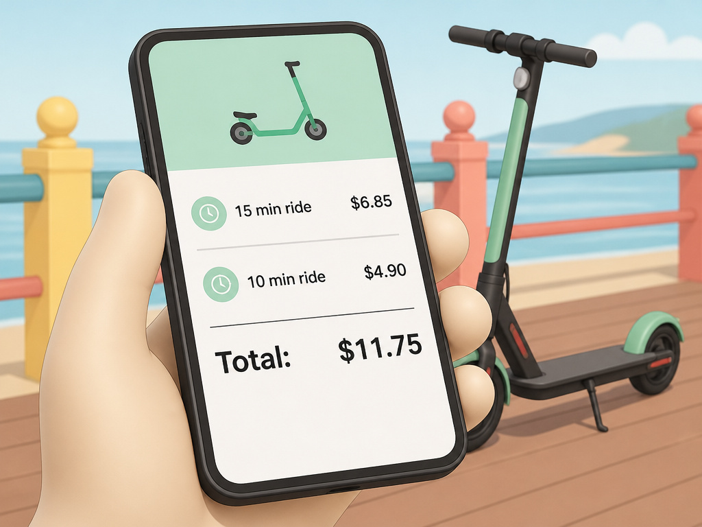 Tourist calculating electric scooter rental costs on a phone at the boardwalk.
