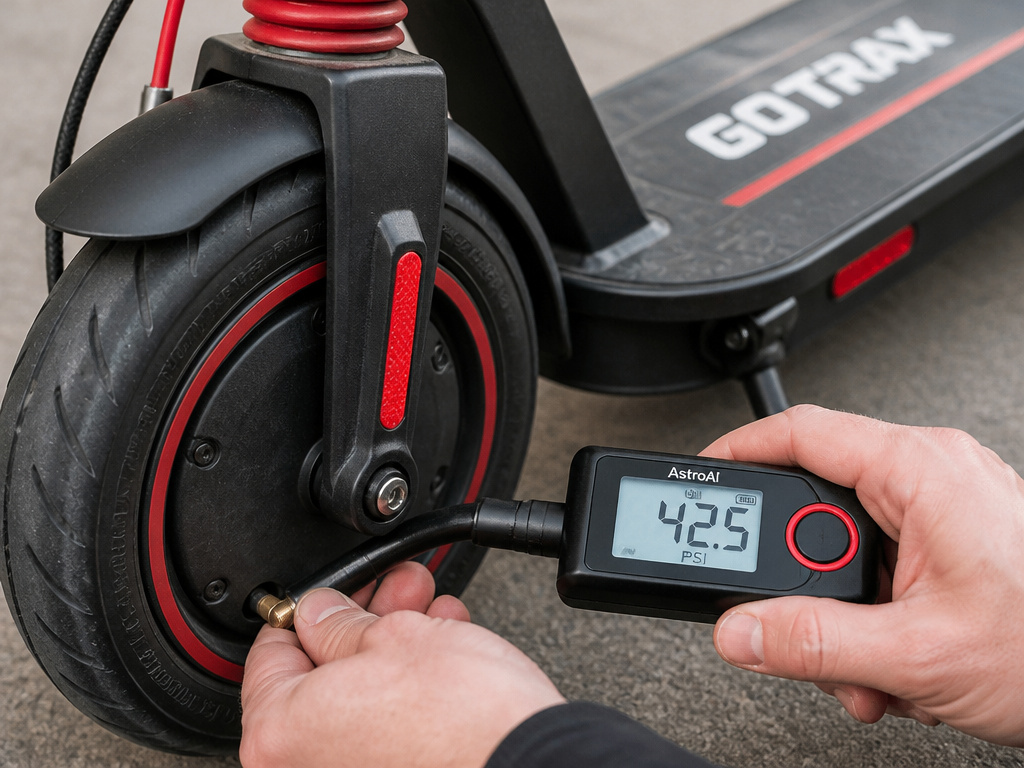 Checking tire pressure on a Gotrax GXL V2 electric scooter with a gauge.