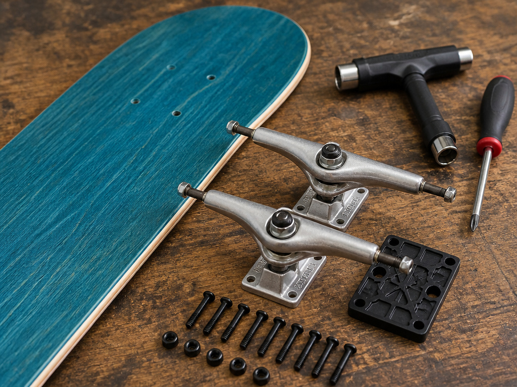Parts needed for mounting longboard trucks onto a cruiser skateboard deck.