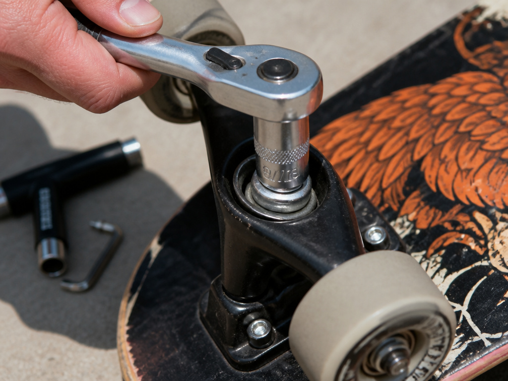 Close-up of tightening a longboard kingpin nut with a socket and ratchet