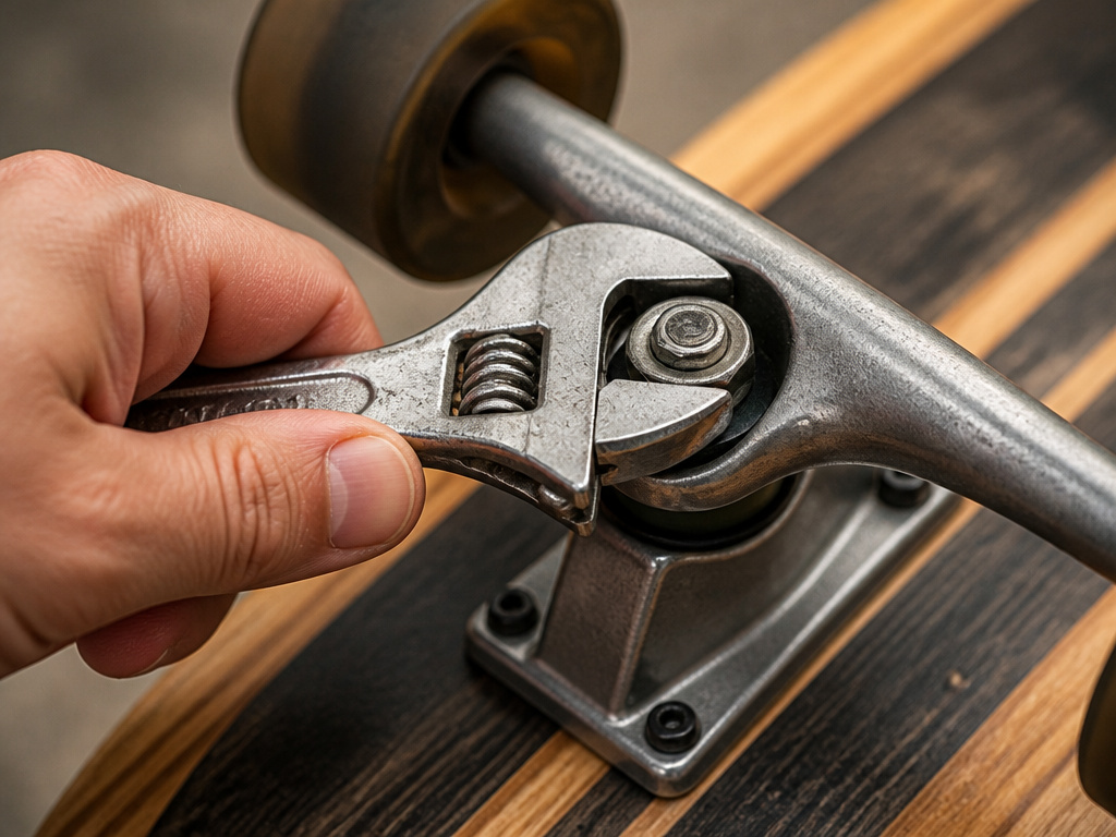Adjustable wrench loosening a longboard truck's kingpin nut.